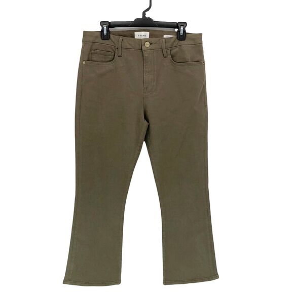 FRAME Le Crop Mini Boot 33 Bootcut High Rise Waisted Coated Denim Jeans Green - Picture 2 of 8